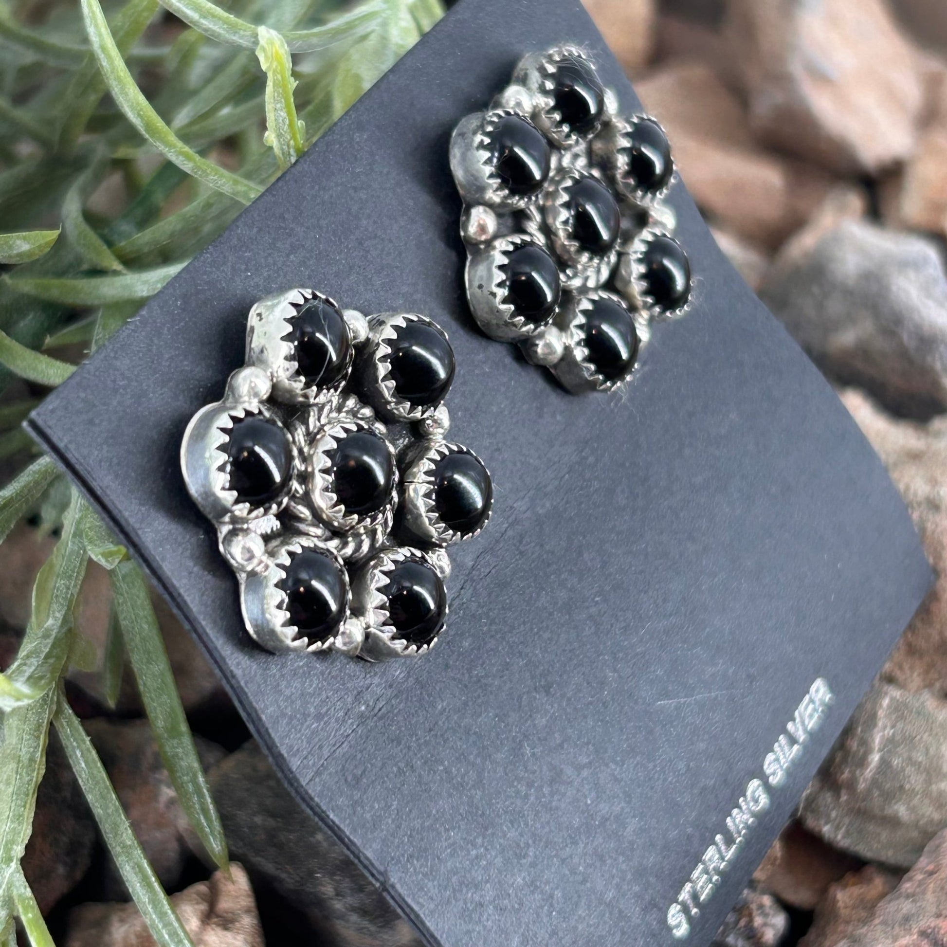 Navajo Sterling Black Onyx Flower Stud Earring - Earrings - Maxine Ramirez - Turquoise Sunset!