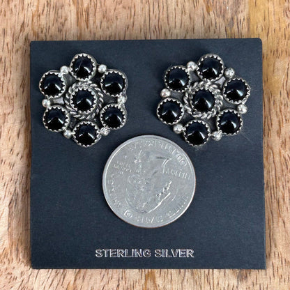 Navajo Sterling Black Onyx Flower Stud Earring - Maxine Ramirez - Turquoise Sunset!