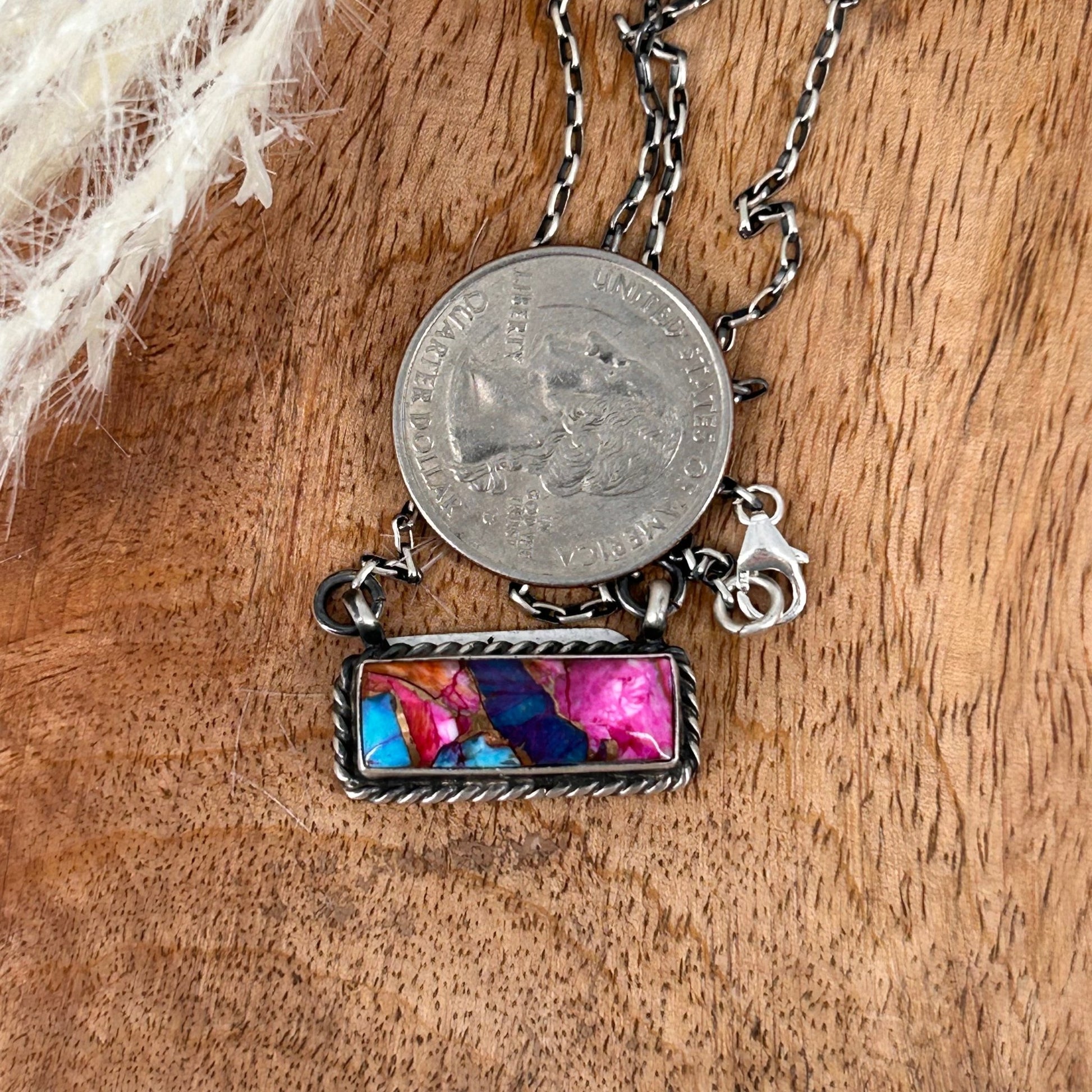Navajo Sterling Dahlia 1" Bar Necklace - Necklace - Augustine Largo - Turquoise Sunset!