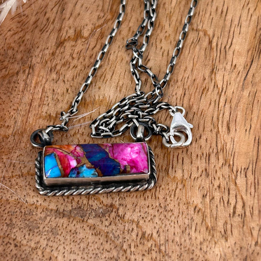 Navajo Sterling Dahlia 1" Bar Necklace - Necklace - Augustine Largo - Turquoise Sunset!