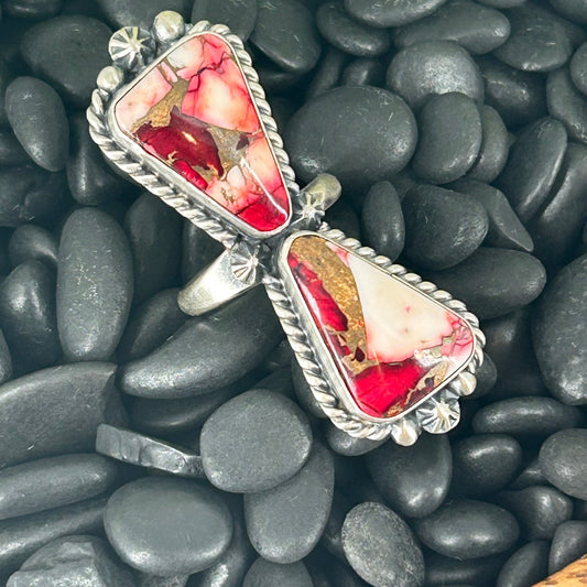 Navajo Sterling Dahlia Braided Rope Trim Bowtie Ring - Rings - Eugene Belone - Turquoise Sunset!