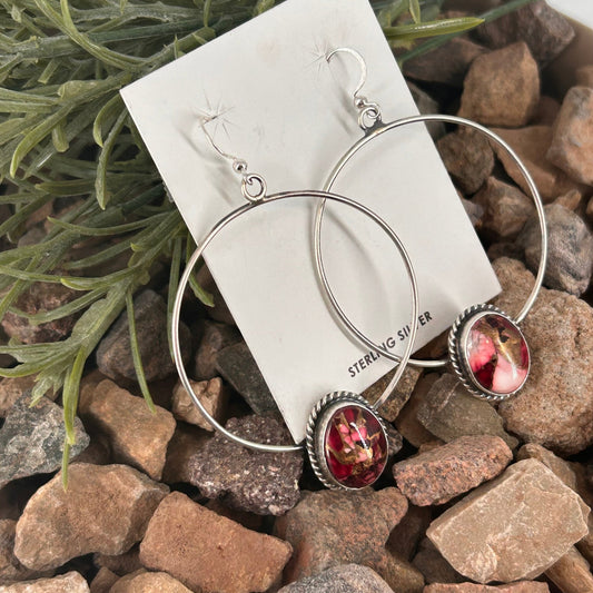Navajo Sterling Dahlia Braided Rope Trim Hoop Egg Shaped Earrings - Earrings - Elouise Kee - Turquoise Sunset!