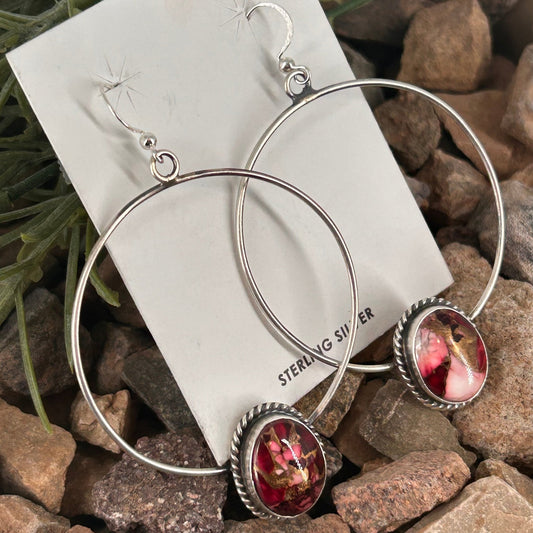 Navajo Sterling Dahlia Braided Rope Trim Hoop Egg Shaped Earrings - Earrings - Elouise Kee - Turquoise Sunset!