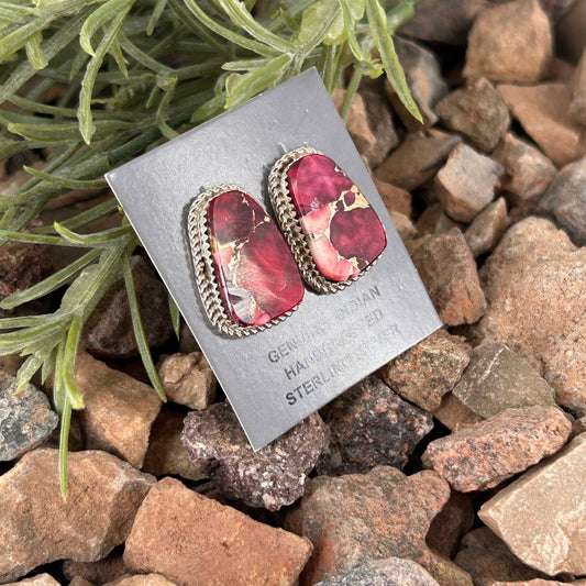 Navajo Sterling Dahlia Rose Braided Rope Trim Stud Earrings - Earrings - Gabi Jim - Turquoise Sunset!
