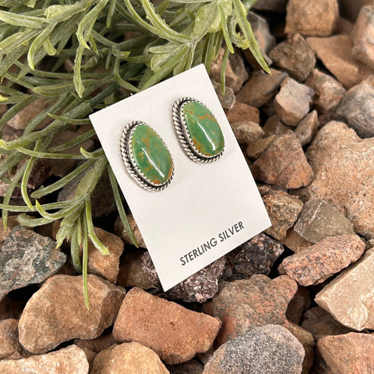 Navajo Sterling Green Kingman Turquoise Braided Rope Trim Teardrop Stud Earrings - Earrings - Virginia Becent - Turquoise Sunset!