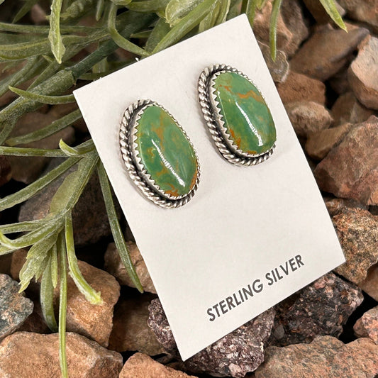 Navajo Sterling Green Kingman Turquoise Braided Rope Trim Teardrop Stud Earrings - Earrings - Virginia Becent - Turquoise Sunset!