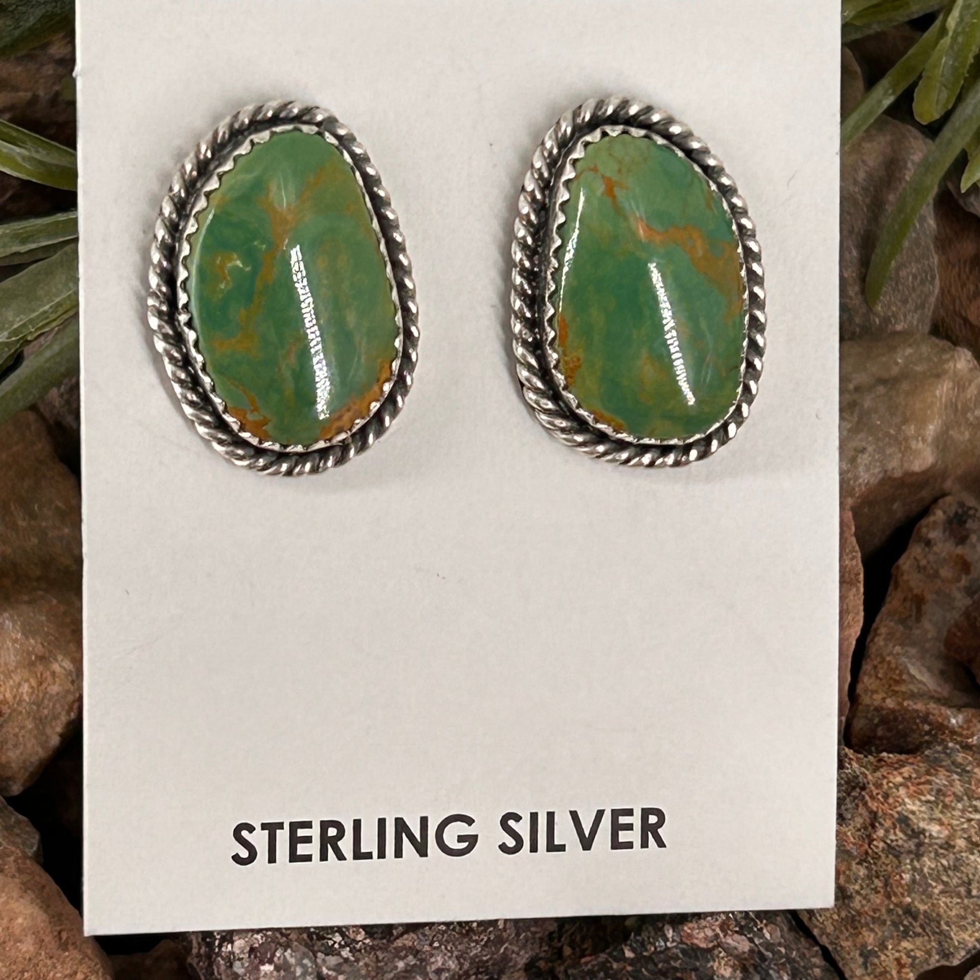 Navajo Sterling Green Kingman Turquoise Braided Rope Trim Teardrop Stud Earrings - Earrings - Virginia Becent - Turquoise Sunset!