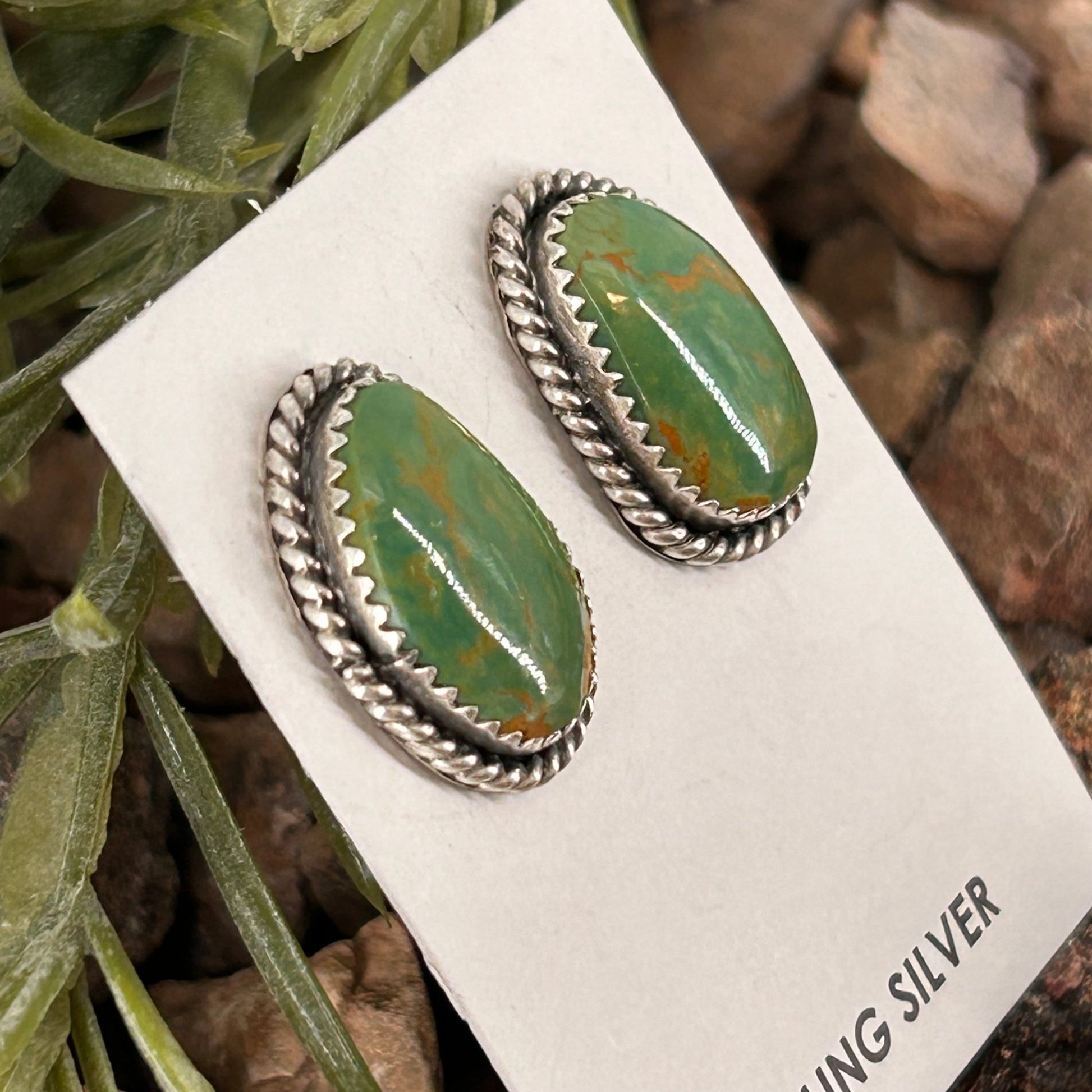 Navajo Sterling Green Kingman Turquoise Braided Rope Trim Teardrop Stud Earrings - Earrings - Virginia Becent - Turquoise Sunset!
