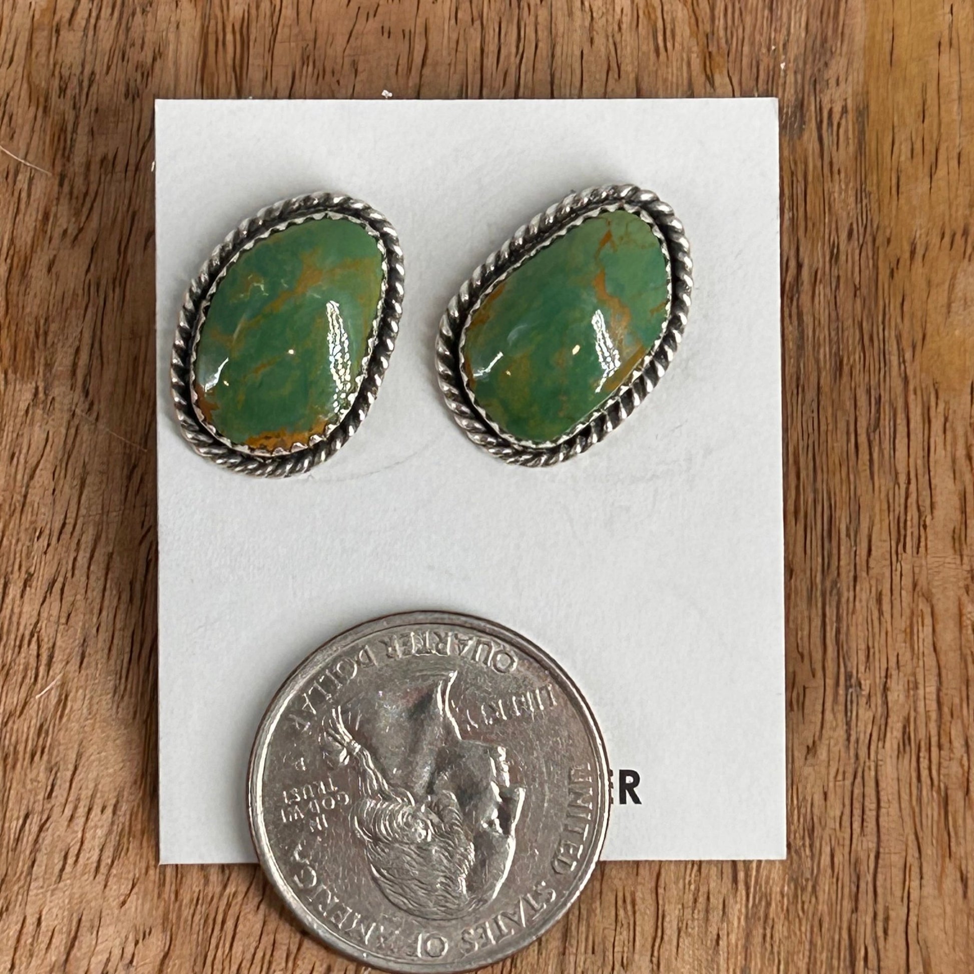 Navajo Sterling Green Kingman Turquoise Braided Rope Trim Teardrop Stud Earrings - Earrings - Virginia Becent - Turquoise Sunset!