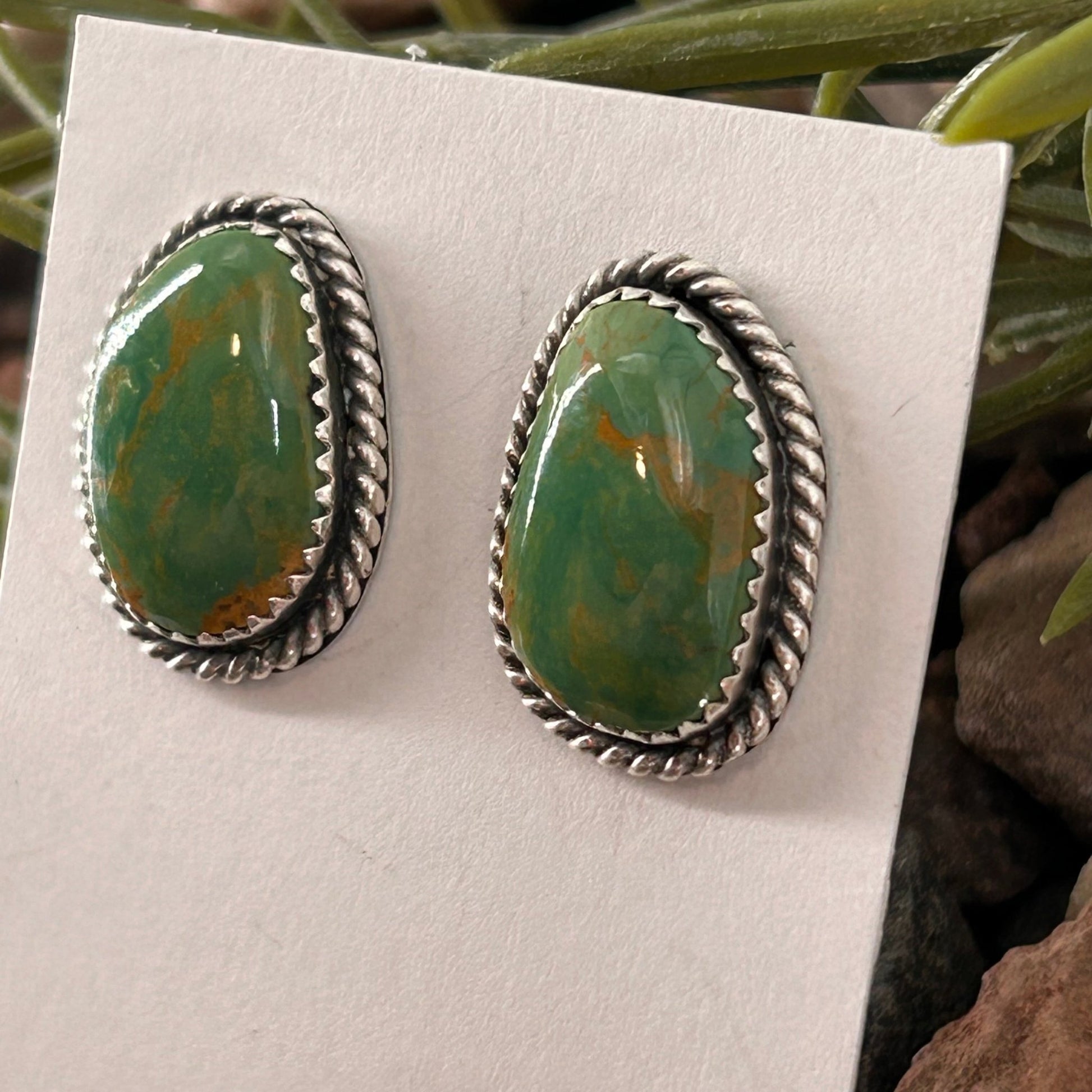 Navajo Sterling Green Kingman Turquoise Braided Rope Trim Teardrop Stud Earrings - Earrings - Virginia Becent - Turquoise Sunset!