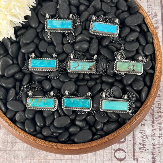 Navajo Sterling Kingman Turquoise 1" Bar Necklace - Necklace - Johnny Dixon - Turquoise Sunset!