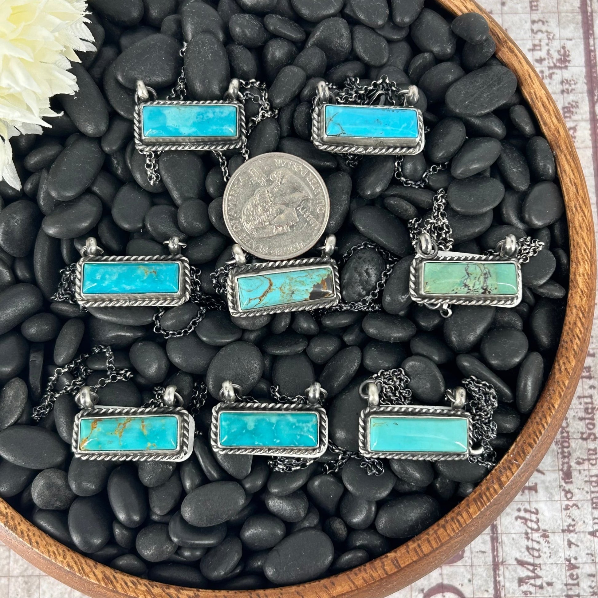 Navajo Sterling Kingman Turquoise 1" Bar Necklace - Johnny Dixon - Turquoise Sunset!