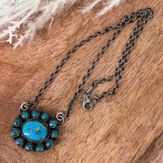 Sterling Silver Kingman Turquoise 12 Stone Necklace - Necklace - Stamped - Turquoise Sunset!