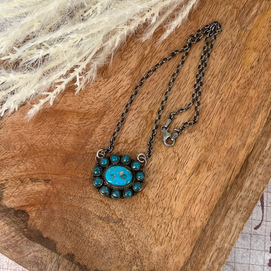 Sterling Silver Kingman Turquoise 12 Stone Necklace - Necklace - Stamped - Turquoise Sunset!