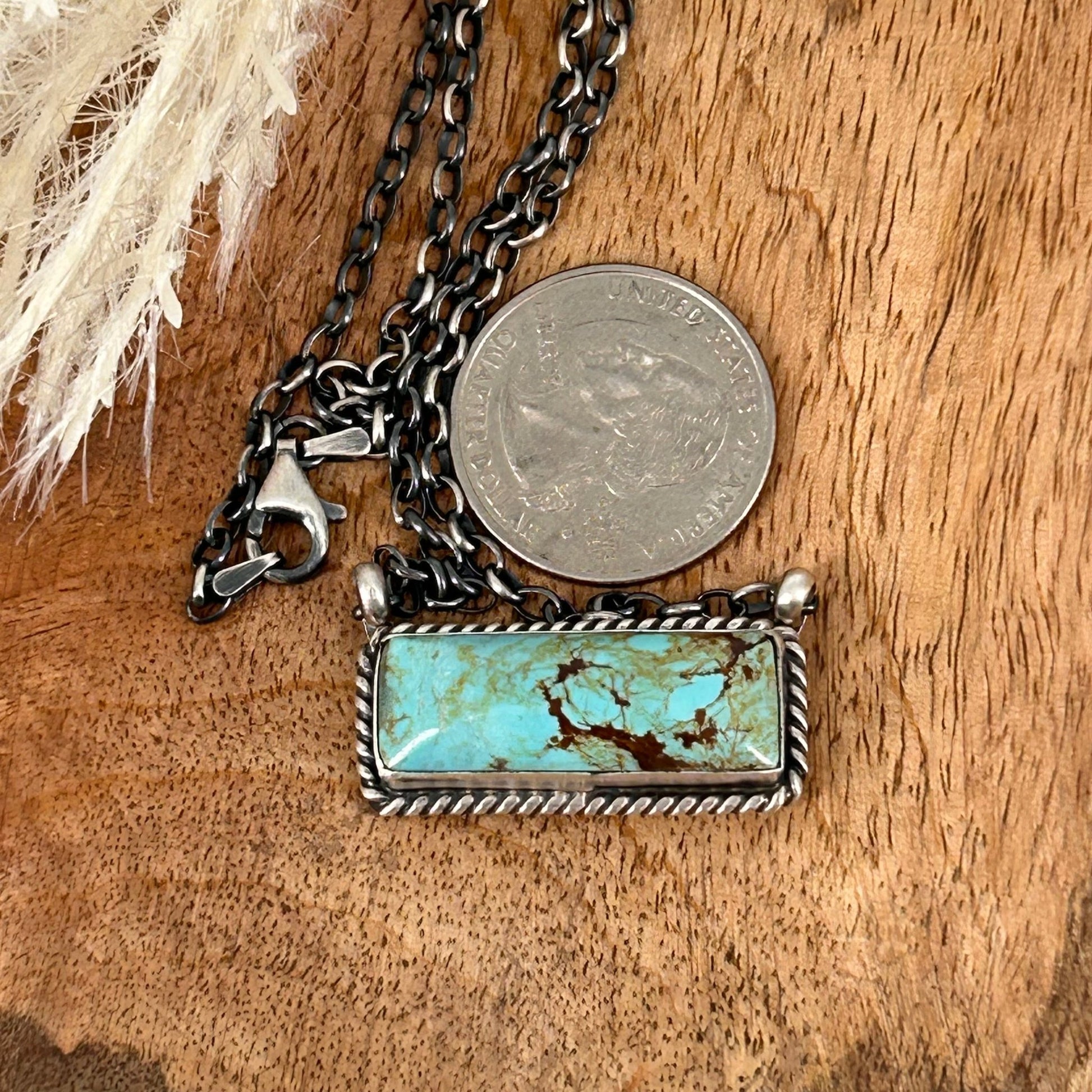 Navajo Sterling Kingman Turquoise 1.25" Bar Necklace - Necklace - Elouise Kee - Turquoise Sunset!