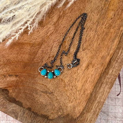 Navajo Sterling Kingman Turquoise 3 Stone Teardrop Necklace - Stamped - Turquoise Sunset!