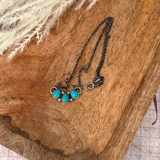 Navajo Sterling Kingman Turquoise 3 Stone Teardrop Necklace - Necklace - Stamped - Turquoise Sunset!