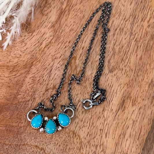 Navajo Sterling Kingman Turquoise 3 Stone Teardrop Necklace - Necklace - Stamped - Turquoise Sunset!