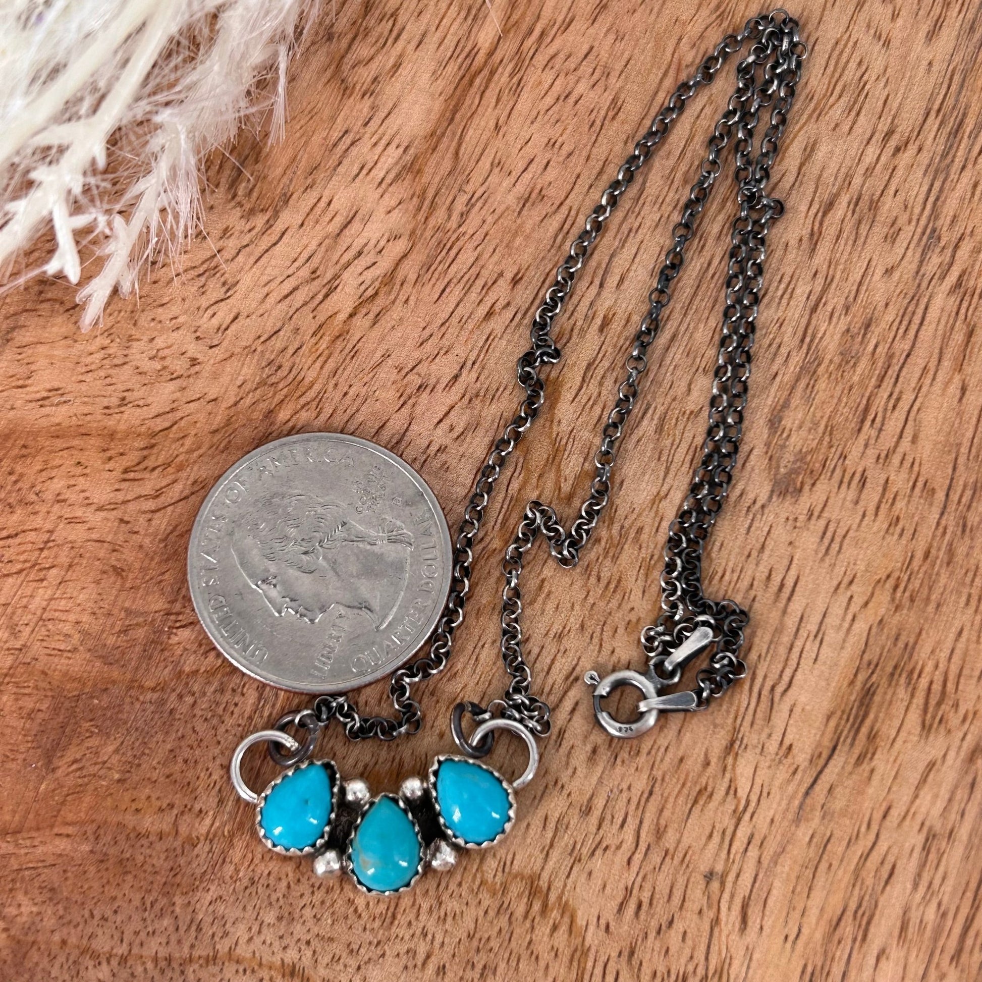 Navajo Sterling Kingman Turquoise 3 Stone Teardrop Necklace - Necklace - Stamped - Turquoise Sunset!