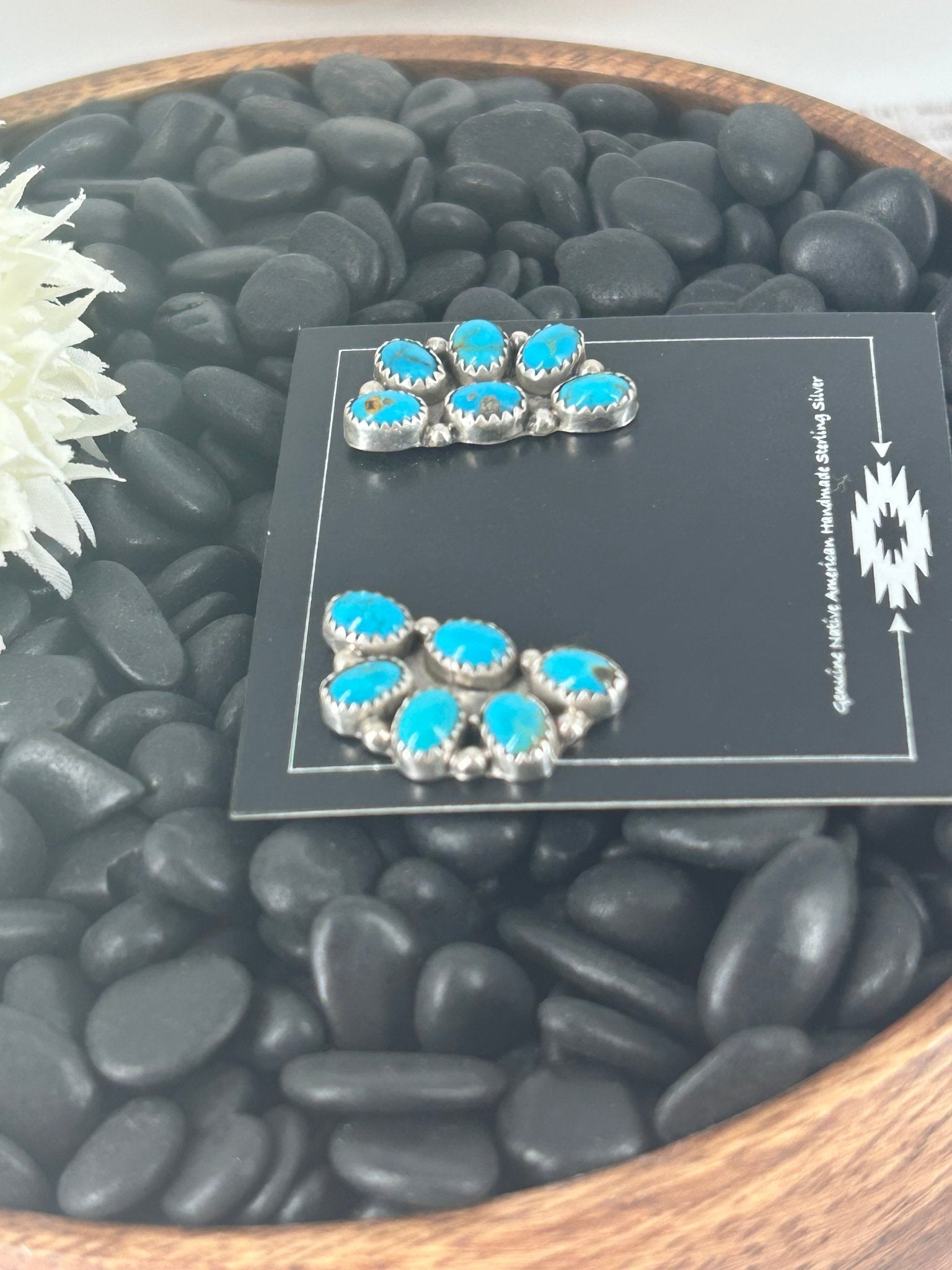 Navajo Sterling Kingman Turquoise 6 Stone Cluster Earrings - Maxine Ramirez - Turquoise Sunset!