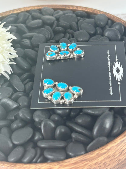 Navajo Sterling Kingman Turquoise 6 Stone Cluster Earrings - Maxine Ramirez - Turquoise Sunset!