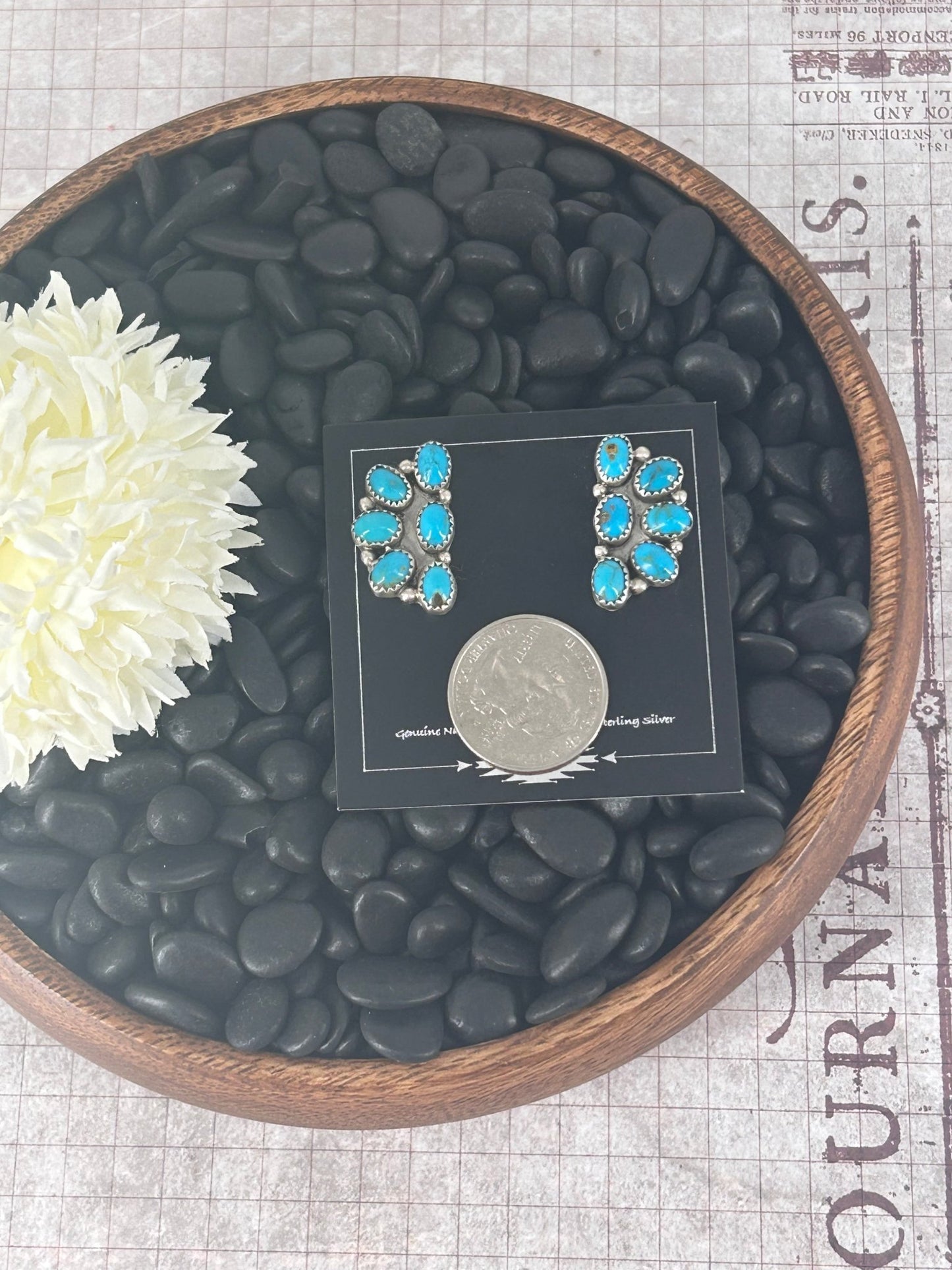 Navajo Sterling Kingman Turquoise 6 Stone Cluster Earrings - Maxine Ramirez - Turquoise Sunset!