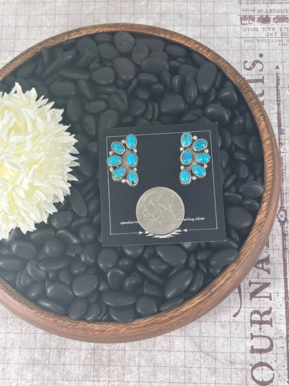 Navajo Sterling Kingman Turquoise 6 Stone Cluster Earrings - Maxine Ramirez - Turquoise Sunset!