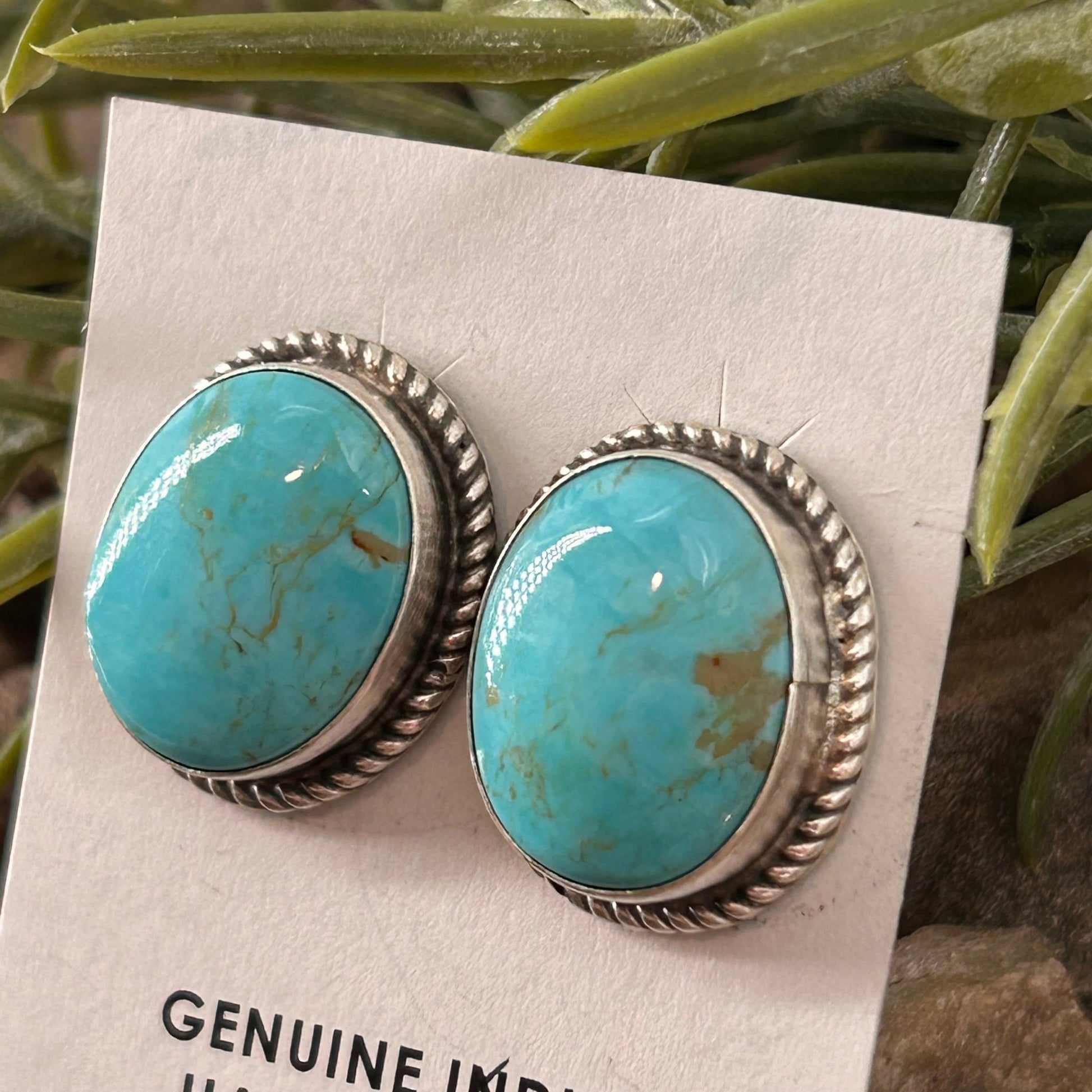 Navajo Sterling Kingman Turquoise Braided Rope Trim Egg Shaped Earrings - Earrings - Judith Dixon - Turquoise Sunset!