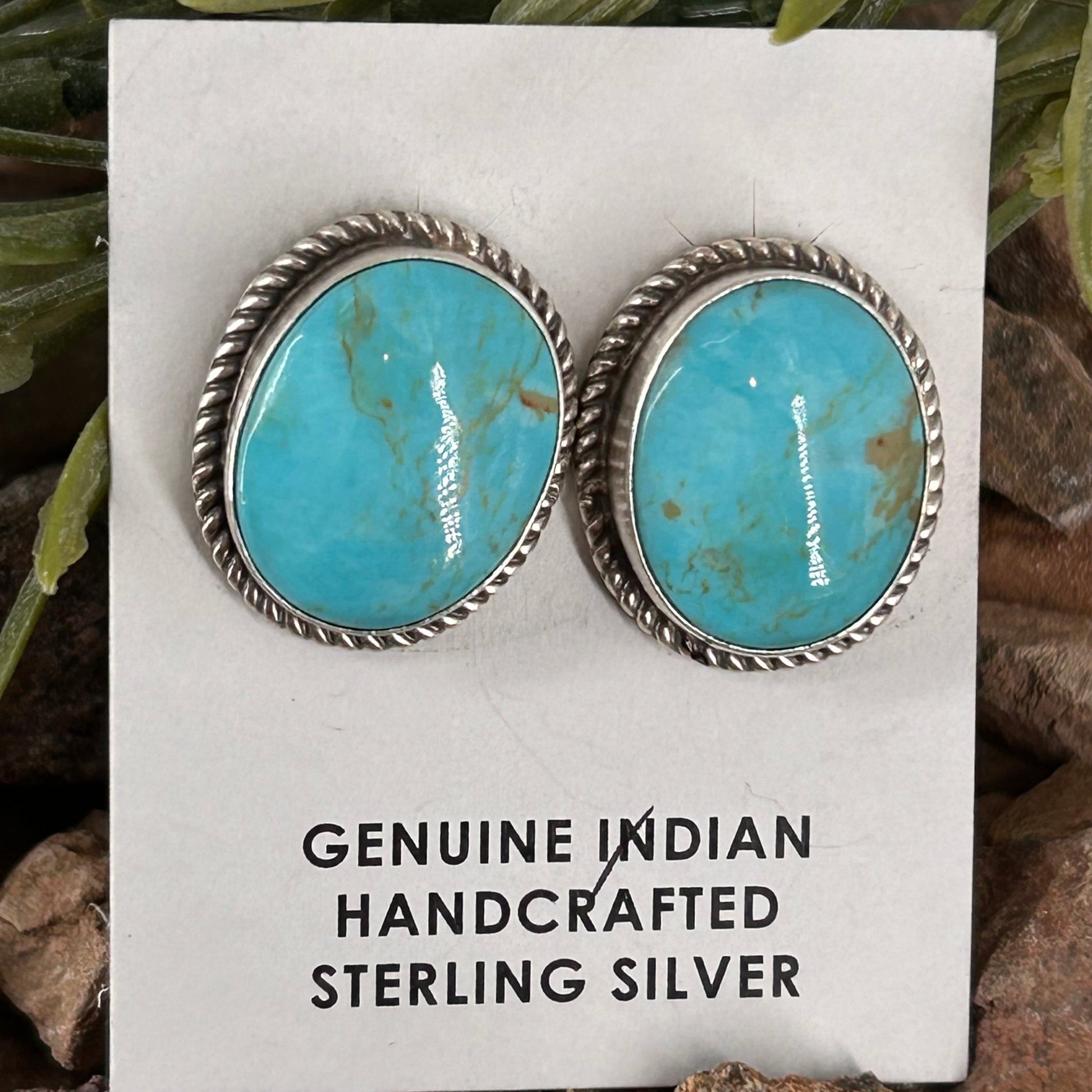 Navajo Sterling Kingman Turquoise Braided Rope Trim Egg Shaped Earrings - Earrings - Judith Dixon - Turquoise Sunset!