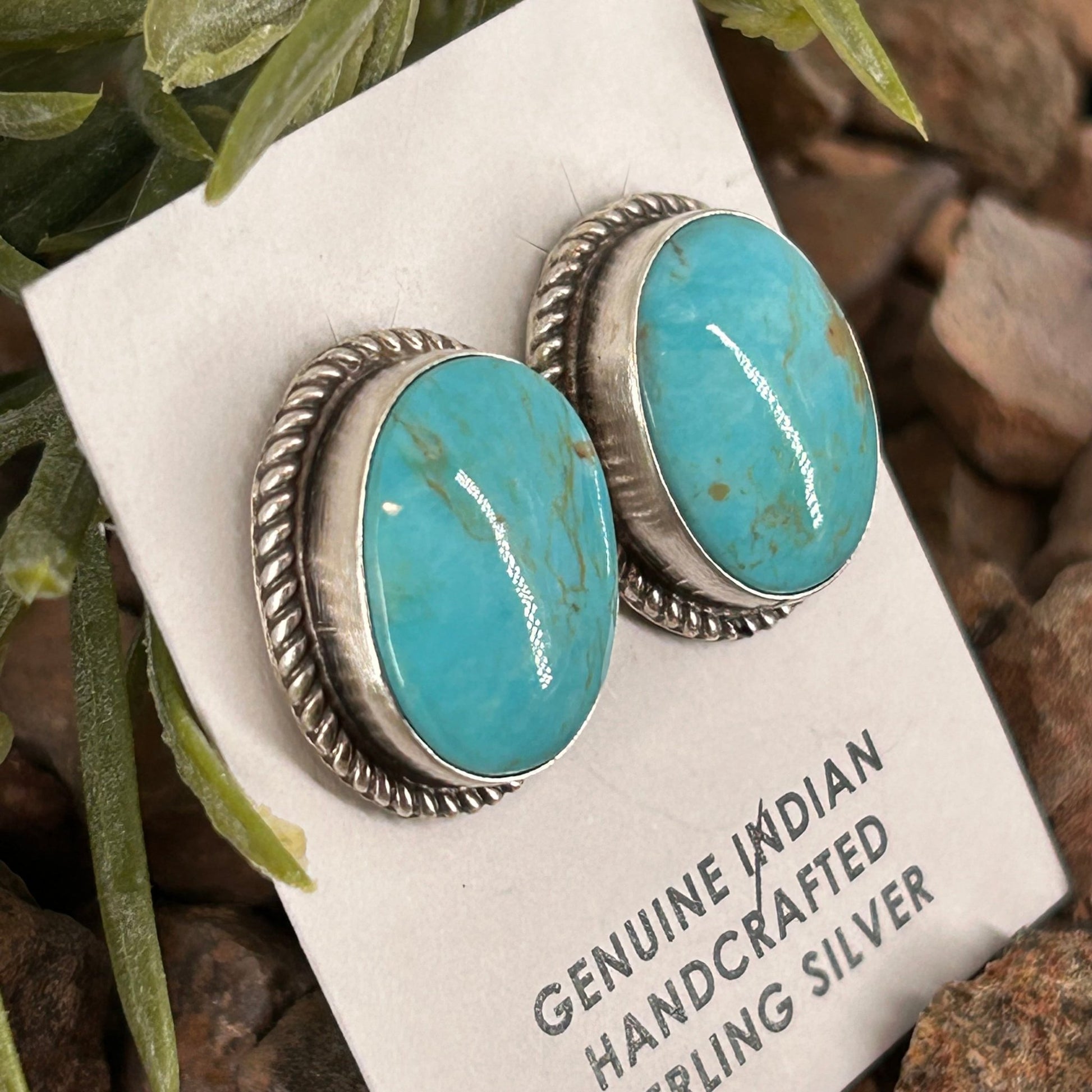 Navajo Sterling Kingman Turquoise Braided Rope Trim Egg Shaped Earrings - Earrings - Judith Dixon - Turquoise Sunset!