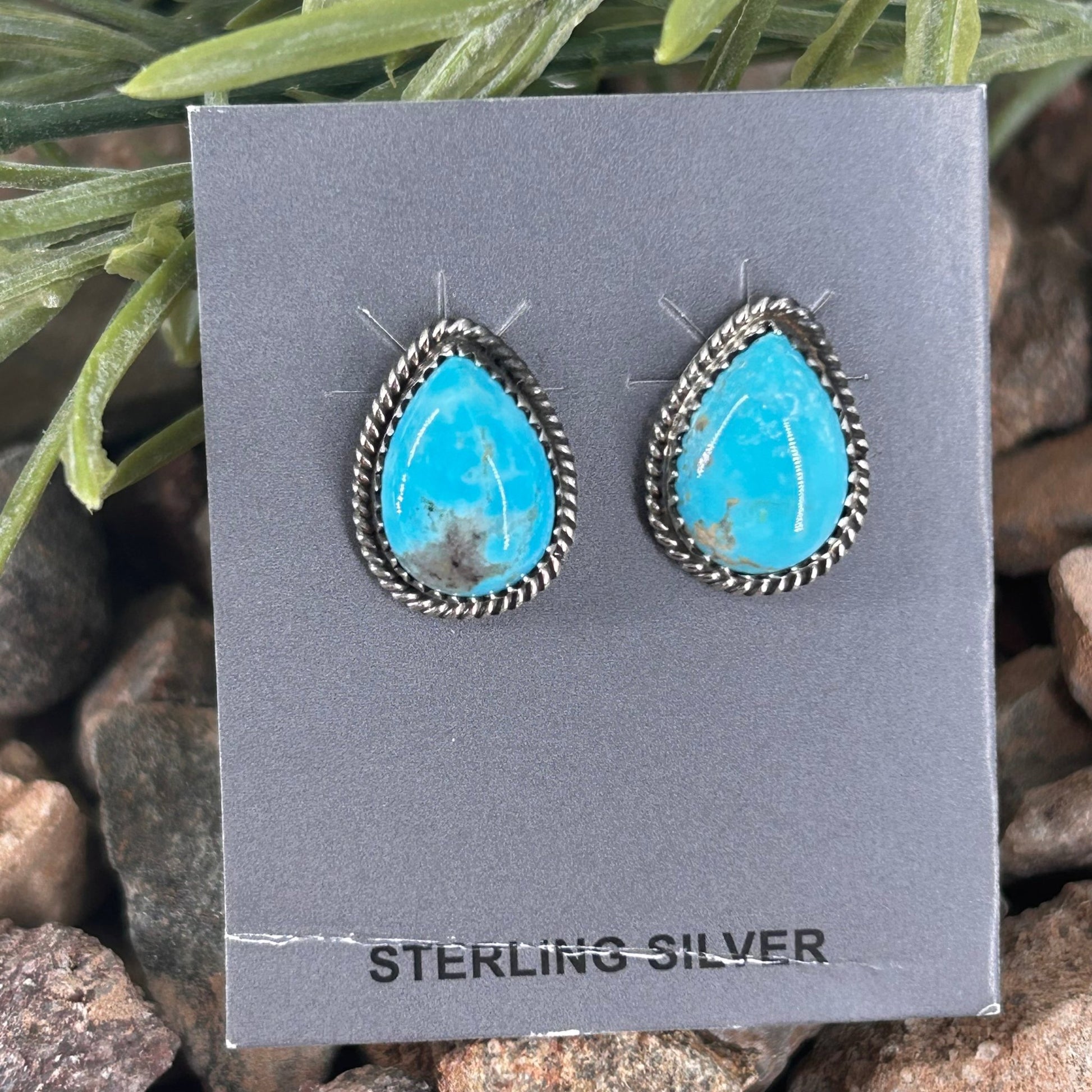 Navajo Sterling Kingman Turquoise Braided Rope Trim Teardrop Stud Earrings - Earrings - Trish Largo - Turquoise Sunset!