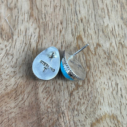 Navajo Sterling Kingman Turquoise Braided Rope Trim Teardrop Stud Earrings - Trish Largo - Turquoise Sunset!