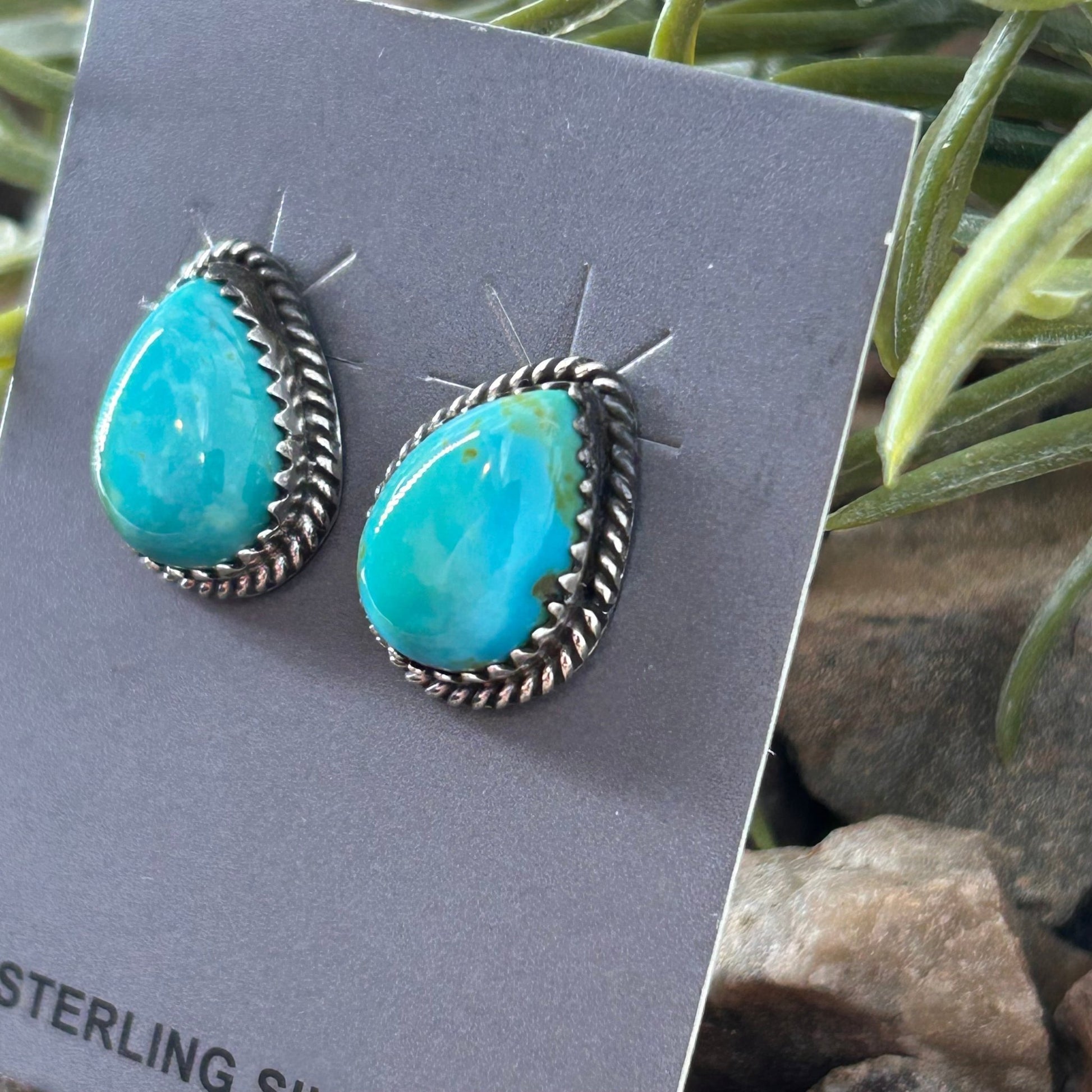 Navajo Sterling Kingman Turquoise Braided Rope Trim Teardrop Stud Earrings - Earrings - Trish Largo - Turquoise Sunset!