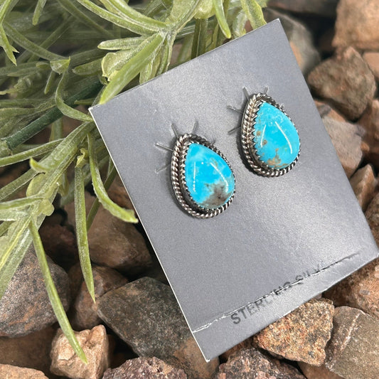 Navajo Sterling Kingman Turquoise Braided Rope Trim Teardrop Stud Earrings - Earrings - Trish Largo - Turquoise Sunset!