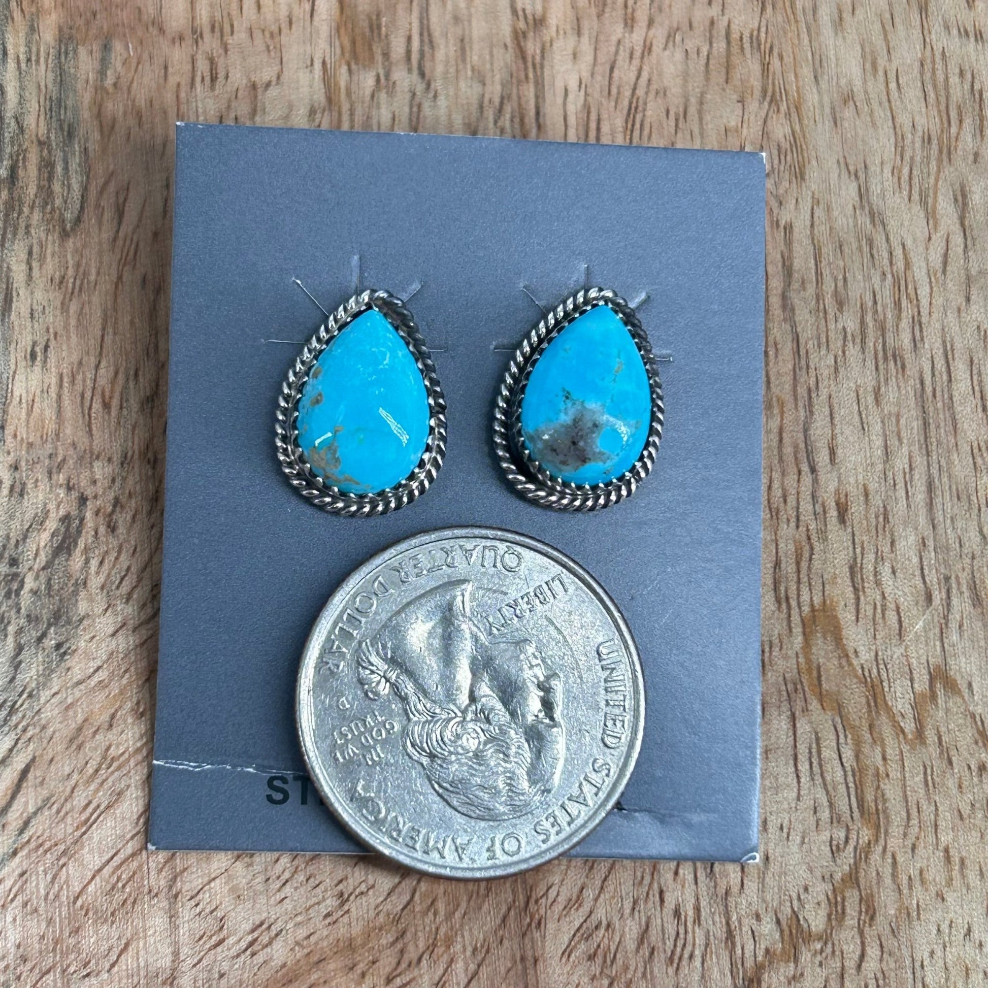 Navajo Sterling Kingman Turquoise Braided Rope Trim Teardrop Stud Earrings - Earrings - Trish Largo - Turquoise Sunset!