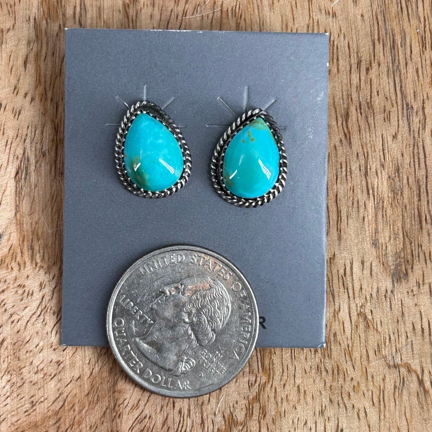 Navajo Sterling Kingman Turquoise Braided Rope Trim Teardrop Stud Earrings - Earrings - Trish Largo - Turquoise Sunset!