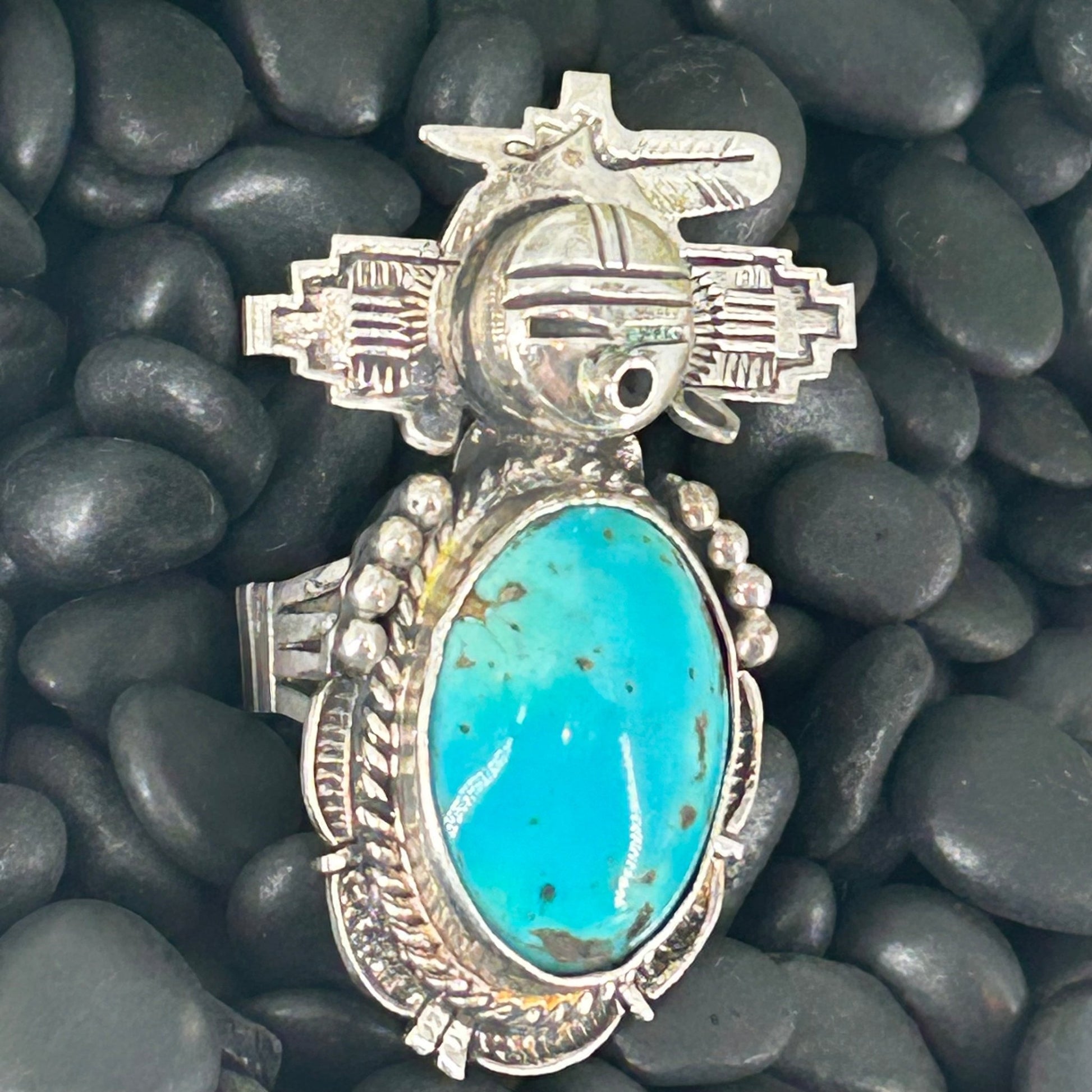 Navajo Sterling Kingman Turquoise Kachina Ring 10 - Rings - Bennie Ration - Turquoise Sunset!