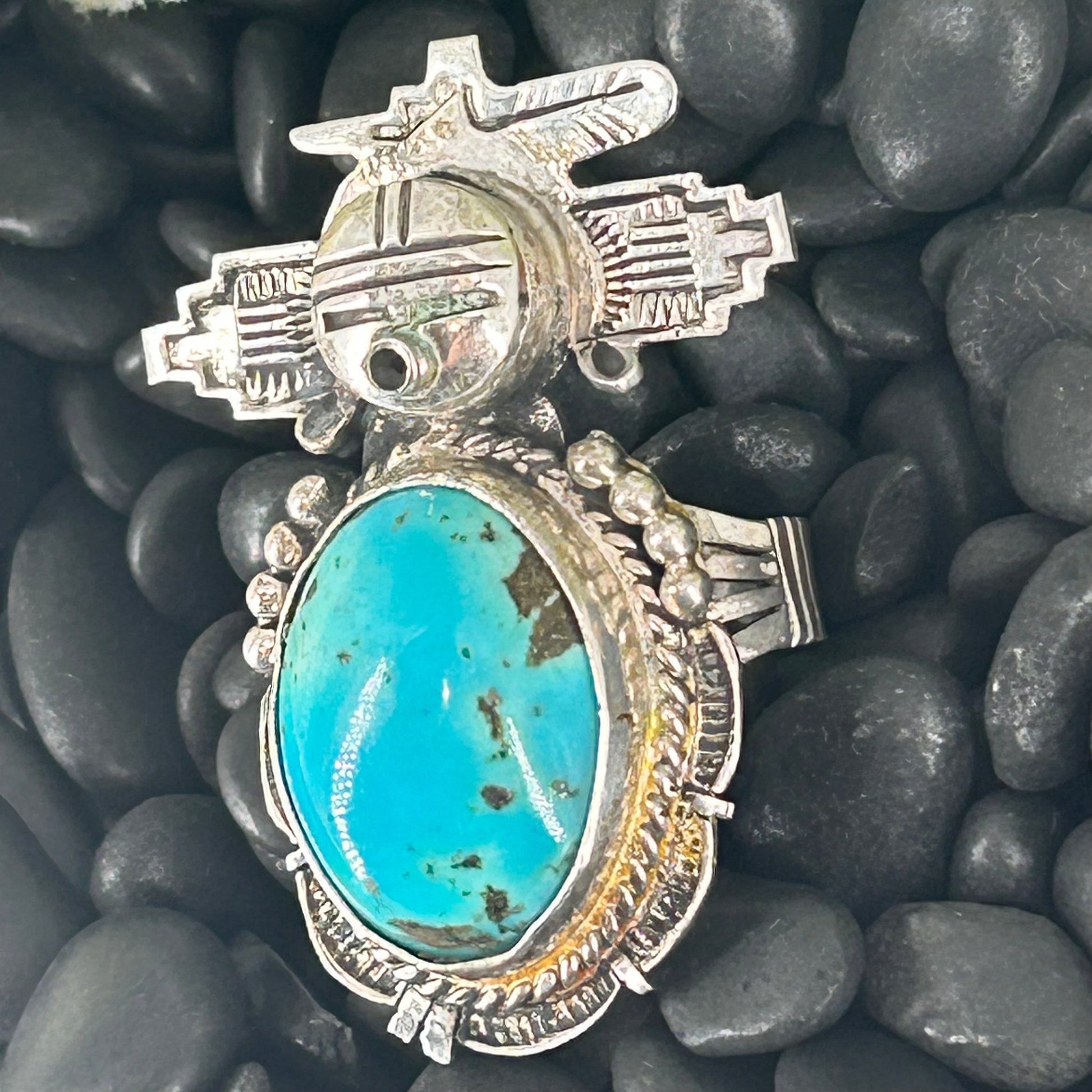Navajo Sterling Kingman Turquoise Kachina Ring 10 - Rings - Bennie Ration - Turquoise Sunset!