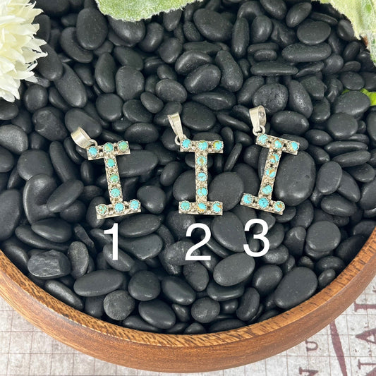Sterling Kingman Turquoise Letter I Shaped Pendant (9 Small Stones) - Pendant - Stamped - Turquoise Sunset!