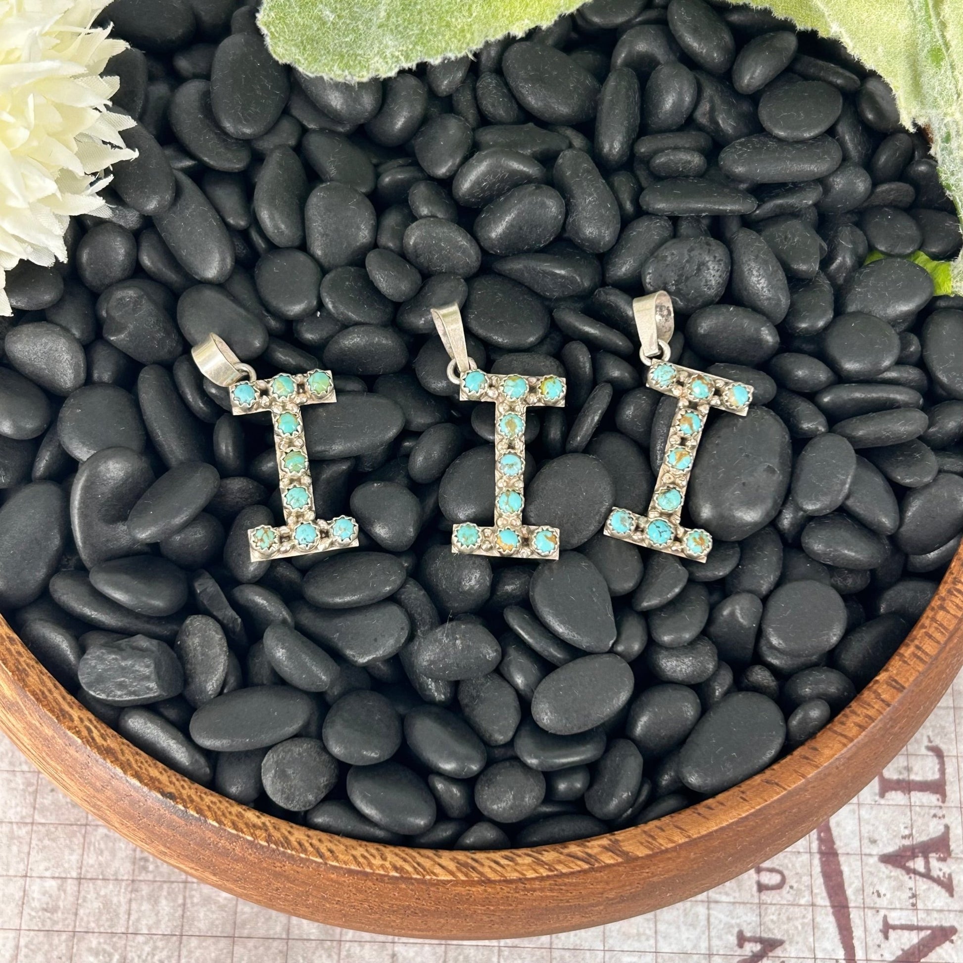 Sterling Kingman Turquoise Letter I Shaped Pendant (9 Small Stones) - Pendant - Stamped - Turquoise Sunset!
