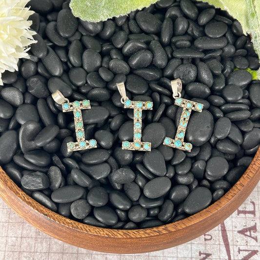 Sterling Kingman Turquoise Letter I Shaped Pendant (9 Small Stones) - Pendant - Stamped - Turquoise Sunset!