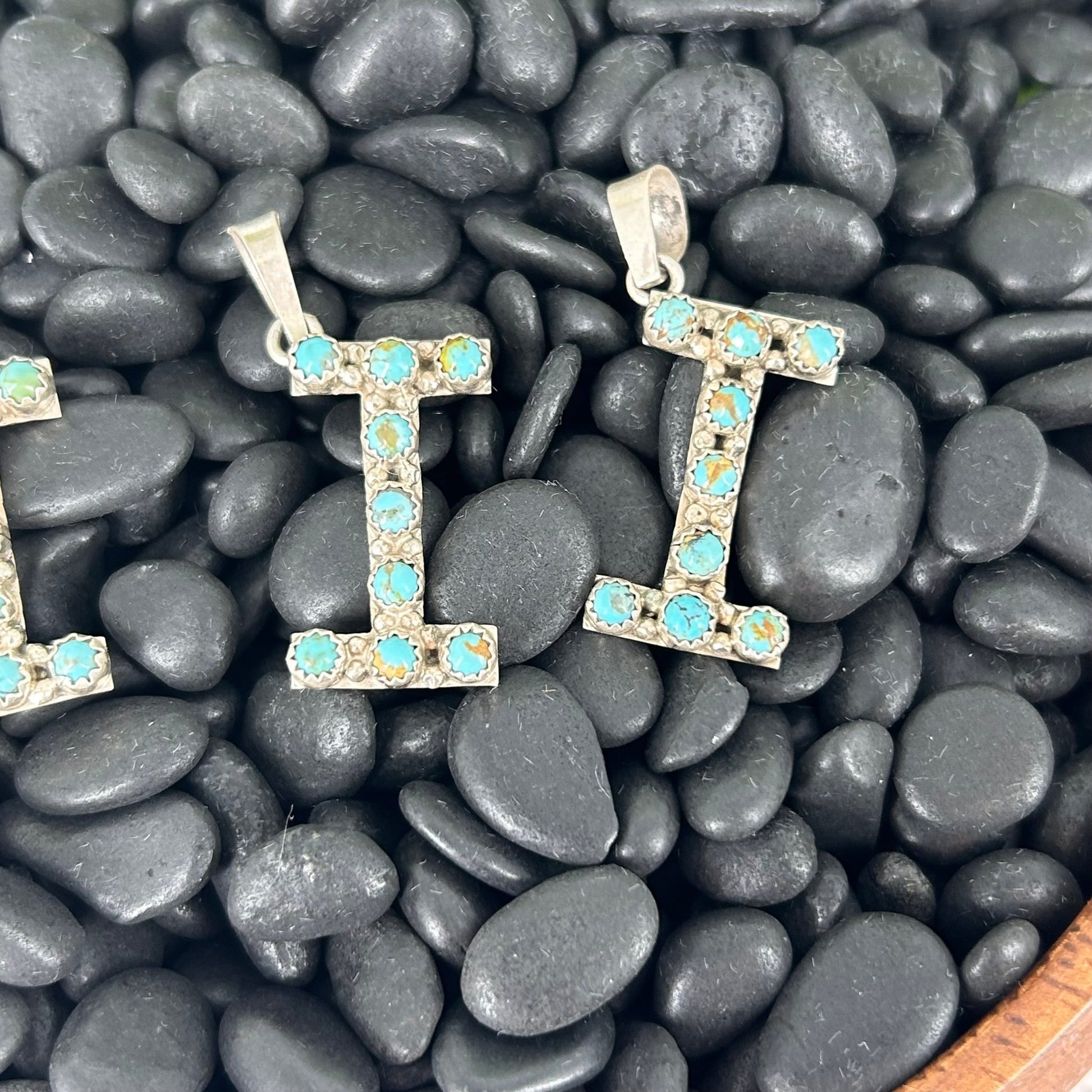Sterling Kingman Turquoise Letter I Shaped Pendant (9 Small Stones) - Pendant - Stamped - Turquoise Sunset!