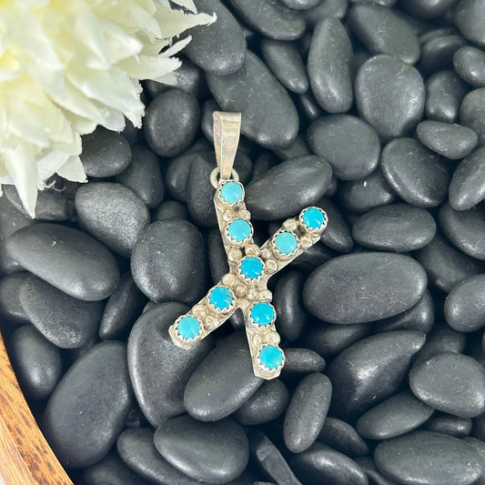 Sterling Kingman Turquoise Letter X Shaped Pendant (9 Small Stones) - Pendant - Stamped - Turquoise Sunset!