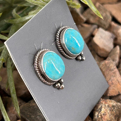 Navajo Sterling Kingman Turquoise Round Button Stud Earrings - Theresa Smith - Turquoise Sunset!