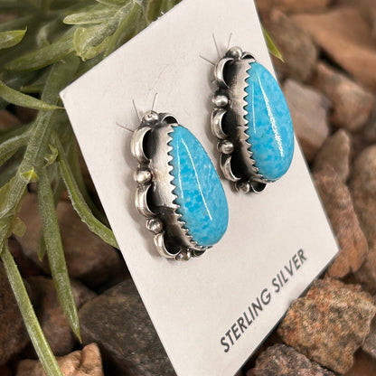 Navajo Sterling Kingman Turquoise Teardrop Stud Earrings - Freda Martinez - Turquoise Sunset!