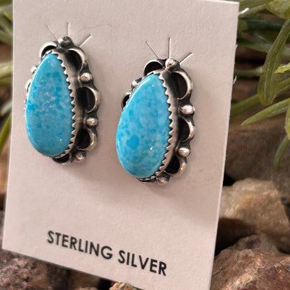 Navajo Sterling Kingman Turquoise Teardrop Stud Earrings - Freda Martinez - Turquoise Sunset!