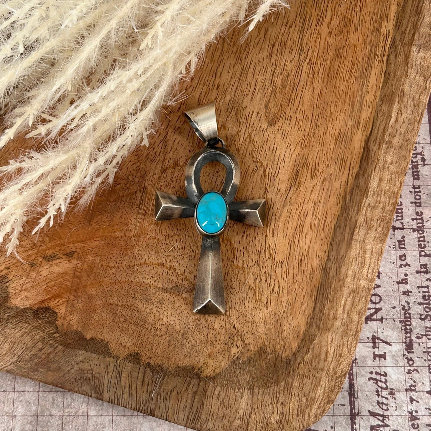 Navajo Sterling Looped Cross Pendant with Kingman Turquoise - Pendant - Stamped - Turquoise Sunset!