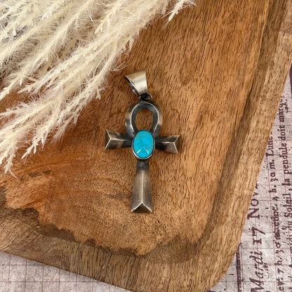 Navajo Sterling Looped Cross Pendant with Kingman Turquoise - Stamped - Turquoise Sunset!