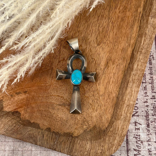 Navajo Sterling Looped Cross Pendant with Kingman Turquoise - Pendant - Stamped - Turquoise Sunset!