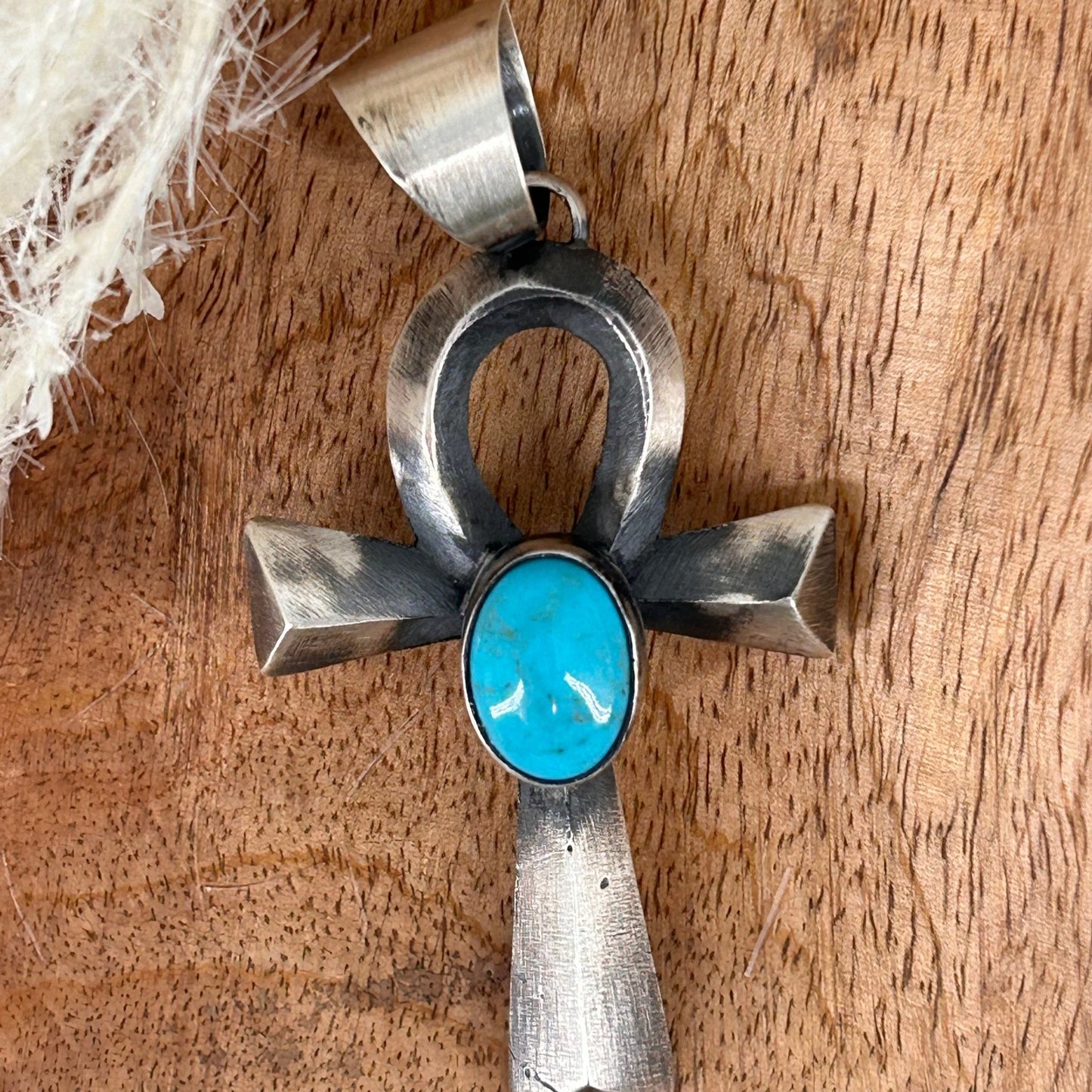 Navajo Sterling Looped Cross Pendant with Kingman Turquoise - Pendant - Stamped - Turquoise Sunset!